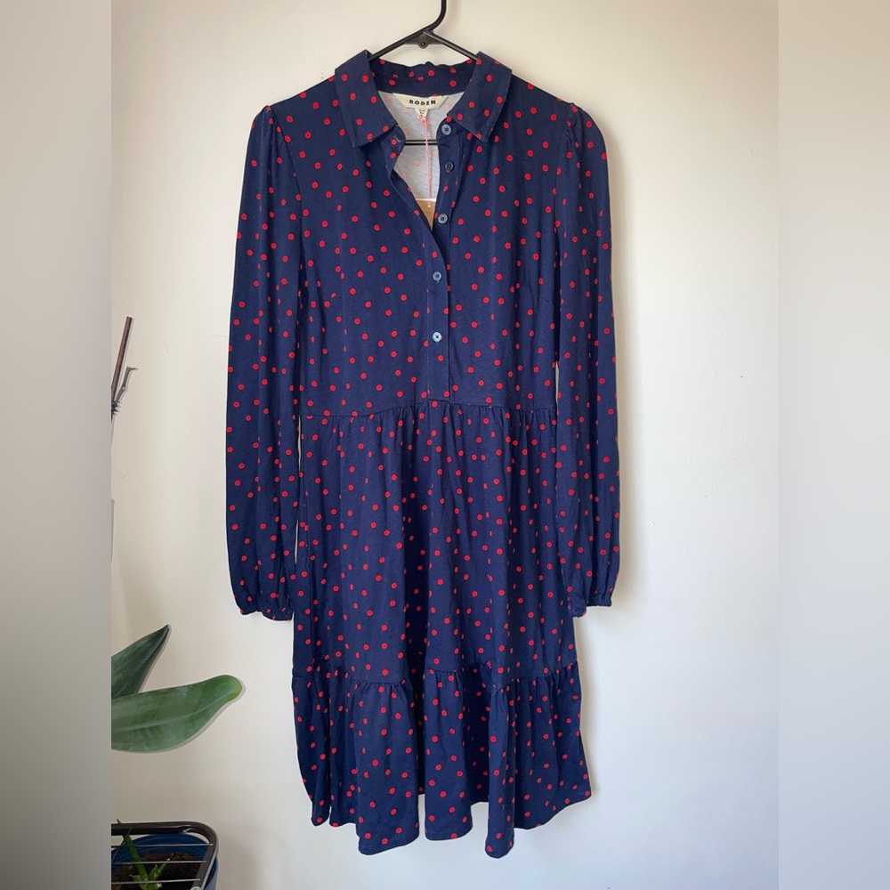 NWT Boden Navy Long-Sleeve Shirt Dress with Red Dot Print
